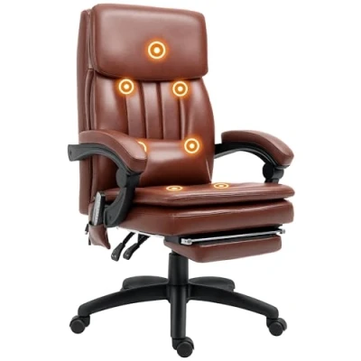 Image of Vinsetto PU Leather Office Chair with 7 Point Vibrating Massage, Computer Desk Footrest, Adjustable Height, Reclining Back, Brown