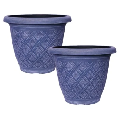 Image of Fyne Finds Set of 2 Round 40cm, 16inch Garden Plastic Plant Pot Weatherproof Woven Flower Outdoor Drainage Hole Deco Planter (Blue)