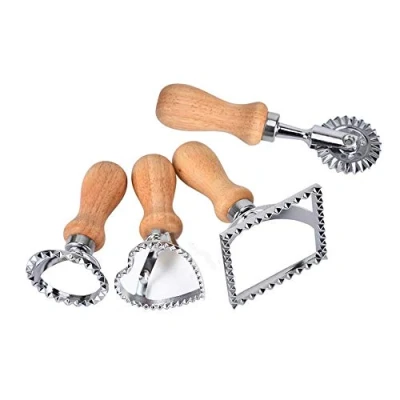 Image of Bkrdty Ravioli Stamp set 4 pieces Pasta Making Tools Square Round Heart Wheel Maker Mold with Wooden Handle for Empanadillas Cookies Dumplings