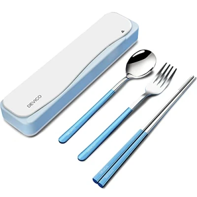 Image of DEVICO Travel Cutlery Set, Camping Set for 1, Portable 18/8 Stainless Steel Utensils Include Fork Spoon Chopsticks (Blue)