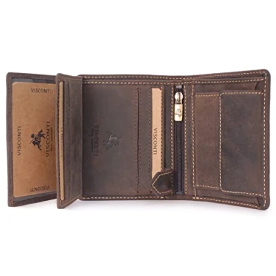 Image of VISCONTI Men&#039;s Medium Leather Wallet RFID Protected 8 Credit Card Slots, Note Section &amp; Coin Pocket Gift Boxed 708 Spear Oil Brown
