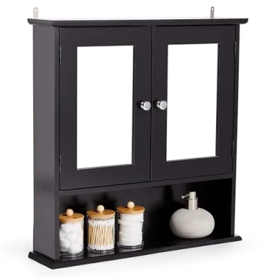 Image of VonHaus Bathroom Mirror Cabinet Black Wall with Storage 2 Door Mirror, 3 Internal Shelves &amp; 1 Open Shelf for Toiletries Medicine Shrewsbury