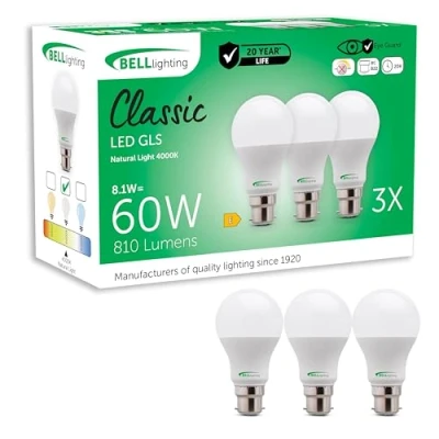 Image of Bell Lighting B22 Bayonet Light Bulb LED GLS 3 Pack Cool White 4000K 810 Lumen 8.1 Watts Energy Saving 60W Halogen Equivalent Non Dimmable