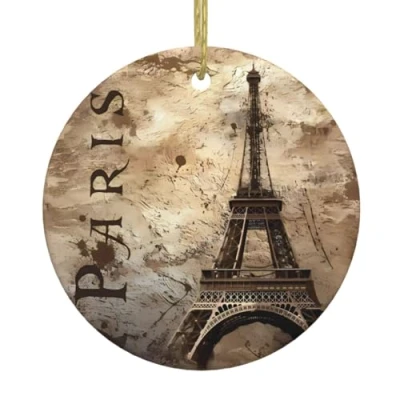 Image of Paris Eiffel Tower Print Personalised Christmas Bauble, Ceramic Round Hanging Ornament, Tree Decoration For Boyfriend Girlfriend Wife Xmas Gifts
