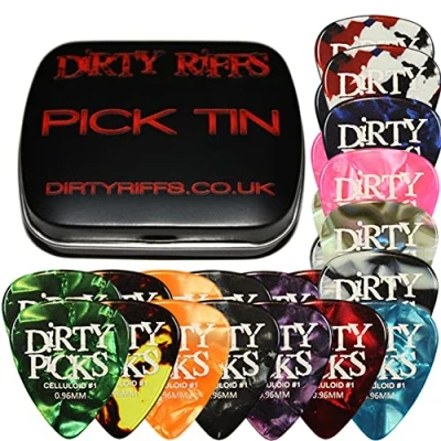 Image of Dirty Riffs 12 x Picks Premium Celluloid Guitar Picks/Plectrums In A Handy Pick Tin 4 Of Each Thin, Medium And Heavy (24 0.96mm)