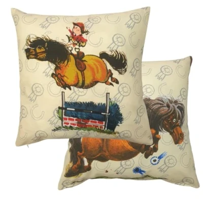 Image of thelwell Pony Jump Cushion Cover, Des 4 45cm Square, Antics Cartoon Horse Cream Blue Grey Brown, Decorative Scatter