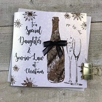 Image of WHITE COTTON CARDS F1 DS&quot;&quot;Daughter &amp; Son in Law&quot;&quot; Handmade Christmas Card&quot;,blackgreywhitegreen