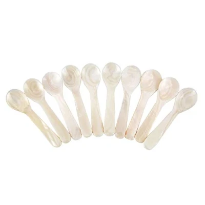 Image of DUEBEL Set of 10 White Mother Pearl MOP Caviar Spoons for Caviar, Egg, Icecream, Coffee Serving (White, 7x2.1cm)