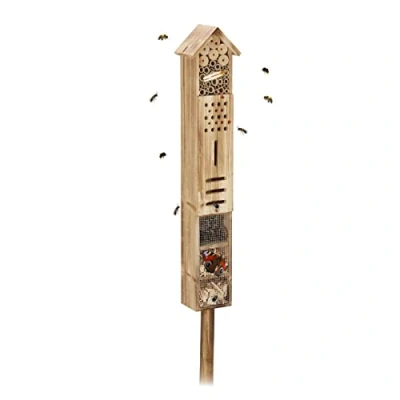 Image of Relaxdays Insect Hotel with Stand, Wood, Bug House Garden, HxWxD: 150 x 15.5 11 cm, Butterfly Home, Natural