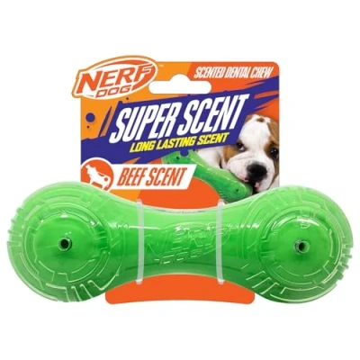 Image of Nerf Dog Super Scent Barbell with Beef Scent, 7 Inch Durable Rubber Fetch Toy for Dogs, Green/Clear