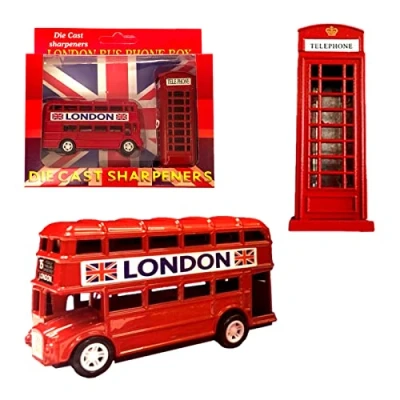 Image of London Souvenir Pencil Sharpeners Set Die Cast Metal Bus &amp; Telephone Box UK British Gift of 2