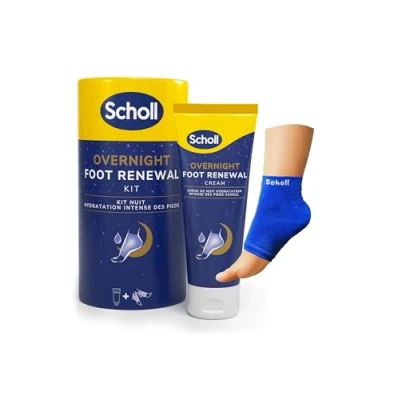 Image of Scholl Overnight Renewal Kit, Footcare Cream 60 ml, Reusable Gel Heel Sleeves 1 Pair Moisturise Dry Feet, Visible Results in Night, Contains 5% Urea and Shea Butter, Podiatrist Approved