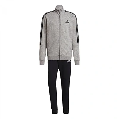 Image of Adidas GK9975 M 3S FT TT TS Tracksuit mens top:medium grey heather/black bottom:black/white, Size 38 40 UK