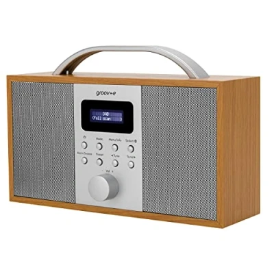 Image of Groov e Boston Wooden DAB &amp; FM Digital Radio Built In Alarm Clock, Dynamic Range Control Bluetooth Connectivity LCD Display Mains or Battery Operated Portable 40 Preset Stations