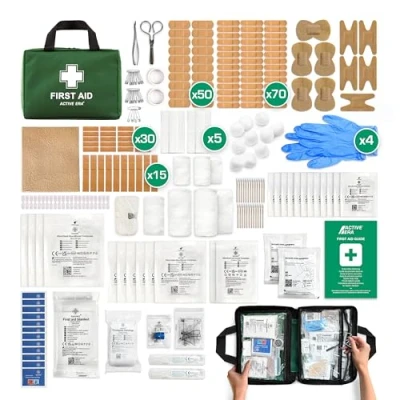 Image of 220 Piece Premium First Aid Kit Bag Includes Eyewash, 2 x Cold (Ice) Packs and Emergency Blanket for Home, Office, Car, Caravan, Workplace, Travel Sports (Green) (First Kit, 320 Piece)