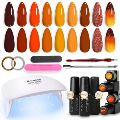 Image of Lavender Violets 19 Pcs Gel Nail Polish Trendy Explosive Flash Temperature change halloween Party Colours 6W LED Lamp Dryer Soak Off UV Base Coat,Matte n No Wipe Top Coat Manicure Tools Kit R683