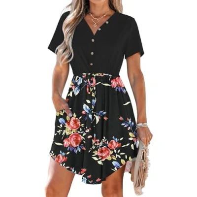 Image of AUSELILY Summer Dresses for Women UK Casual V Neck Short Sleeve Drawstring Midi with Pockets Black Rose S