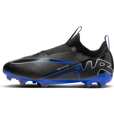 Image of Nike Performance JR ZOOM Mercurial Vapor 15 Academy MG Unisex Moulded stud football boots for kids, Size: 5, Black/chrome/hyper royal