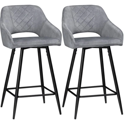 Image of HOMCOM Bar Stools Set of 2, Velvet Touch Fabric Counter Height Chairs, Kitchen with Steel Legs for Dining Area, Island Barstools, Grey