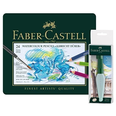 Image of Faber Castell 117590 Watercolour Pencils Albrecht Durer 24 Metal Case Art and Graphic Water Tank Brush