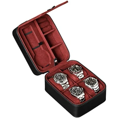 Image of ROTHWELL 5 Watch Travel Case Storage Organizer for Watches Tough Portable Protection w/Zipper Fits All Wristwatches &amp; Smart Up to 50mm (Black/Red)