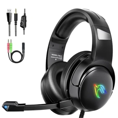 Image of YINSAN Gaming Headset for PS4 PS5 Xbox Series XS One Nintendo Switch PC, Over Ear Wired Headphones with Stereo Surround Sound RGB Light Noise Cancelling Mic Flip to Mute Button, Black