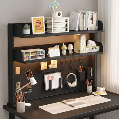Image of Ahtadums Clamp On Desk Organizer Shelf, Multipurpose Countertop Hutch Bookshelf, Extender Pegboard, Adjustable Desktop Display Rac (Black, 80cm)