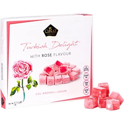 Image of Turkish Delight with Rose Flavor 454g Gourmet Medium Size Snacks Gift Box, No Nuts Sweet Luxury Traditional Confectionery Vegan Soft Candy Dessert Glucose Free Lokum (Loukoumi)