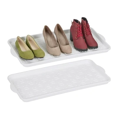 Image of Relaxdays Shoe Drip Tray, Set of 2, Plastic, for 3 Pairs, Hallway Storage Wet Boots, HxWxD: 3.5 x 74 36 cm, White