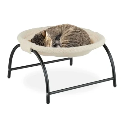 Image of Relaxdays Cat Hammock Bed, Plush, Freestanding, Raised Pet Perch, hwd: 25 x 45 42 cm, Lounger with Stand, Beige/Black