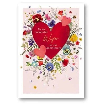 Image of Wife Large Anniversary Card Love Heart and Flowers Embossed with Foil Details Eco Friendly Recyclable by Paper House