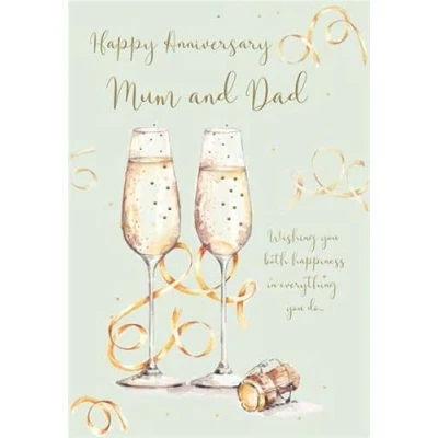 Image of ICG Mum and Dad Anniversary Card Champagne Glasses, Streamers &amp; Sentiment Verse Embossed with Foil Flitter Details Made in the UK