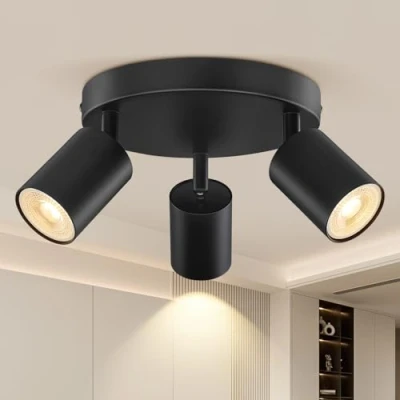 Image of 3 Way Spotlight Ceiling Lights Adjustable, Matt Black Round Spot GU10 Industrial Spotlights Fitting Rotatable, LED Light, Indoor for Hallway, Bulb Not Included