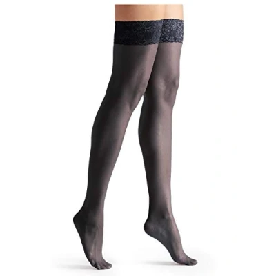 Image of Mytoptrendz® Classic Sheer Nylon Lace Top Hold Ups Stockings Stay Up Ultra Shine (Navy, Medium)