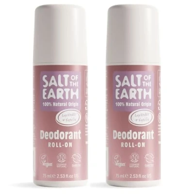 Image of Salt of the Earth 2 Pack Natural Roll On Deodorant Bundle (2 x 75ml) Effective Protection, 100% Origin Ingredients, Vegan Unisex On, Made in UK Lavender and Vanilla