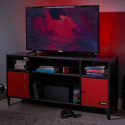 Image of X Rocker Mesh Tek Multi Media TV Stand for up to 55 Inch TVs, Entertainment Unit with Console Gaming Storage Cabinets and Shelving, Metal Sideboard Locker Black &amp; Red