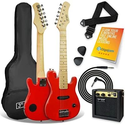 Image of 3rd Avenue 1/4 Size Kids Electric Guitar Pack for Junior Beginners 6 Months FREE Lessons, 5W Portable Amp, Cable, Bag, Picks and Strap Red