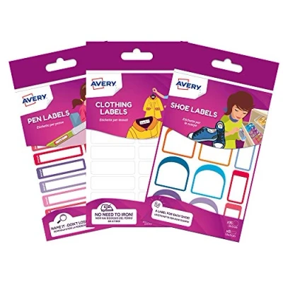 Image of Avery School Name Labels, Value Pack, 36 x Clothing Labels (Non Iron) 24 Resistant Shoe 30 Stationary &amp; Pen Labels,School Bundle 2