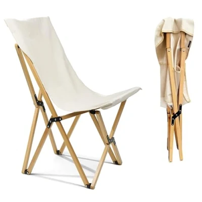 Image of Folding Butterfly Chair, Foldable Beach Deck Beige Canvas Sun Lounger with Fold Up Structure &amp; Removable Cover for Indoor, Outdoor, Garden (Cream, Wood)
