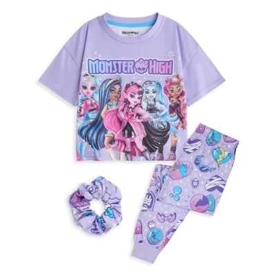 Image of Monster High Girls 3 Piece Pyjama Set Kids Purple All Over Print Long Leg Bottoms &amp; Night Top with Scrunchie Bobble Childrens Short Sleeve PJs Character Graphic Cartoon Series Gift