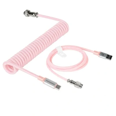 Image of MAMBASNAKE Coiled USB C Cable for Gaming Keyboard, Nylon Braided Mechanical Keyboard with Detachable Metal Aviator, Double Sleeved, Custom Type Charging Cable, 4.92ft (C01Pro/Pink)