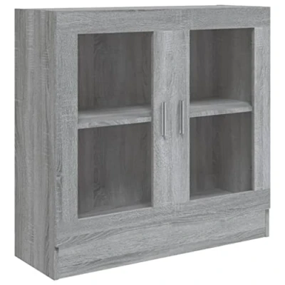 Image of vidaXL Vitrine Cabinet in Grey Sonoma Engineered Wood with 2 compartments, Glass Doors, Easy Maintenance, Ideal for Living Room/Bedroom/Office