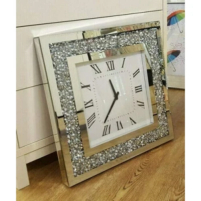 Image of Biznest Crushed Diamante Modern Crystal Mirror Glass Square Wall Clock 45cm Silver