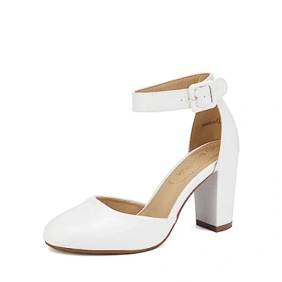 Image of DREAM PAIRS Womens High Heels Closed Toe Court Shoes Block Ankle Strap Ladies Sandals for Wedding,Size 6.5,White/pu,Angela