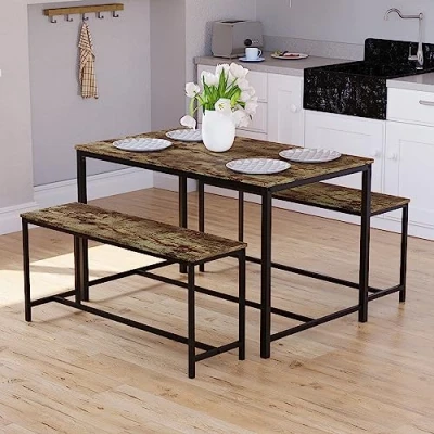 Image of Vida Designs Brooklyn 4 Seater Dining Set 3 Piece Table &amp; Bench Industrial Room Furniture (Dark Wood)