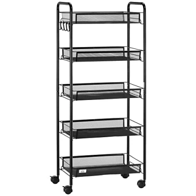 Image of HOMCOM 5 Tier Utility Rolling Cart, Metal Storage Kitchen Cart with Removable Mesh Baskets, for Living Room, Laundry, Garage and Bathroom, Black