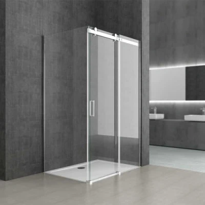 Image of Durovin Bathrooms 1100 x 800mm L Shape Rectangular Frameless Shower Enclosure Sliding Door 8mm Safety Clear Glass with Anti Slip Acrylic Tray