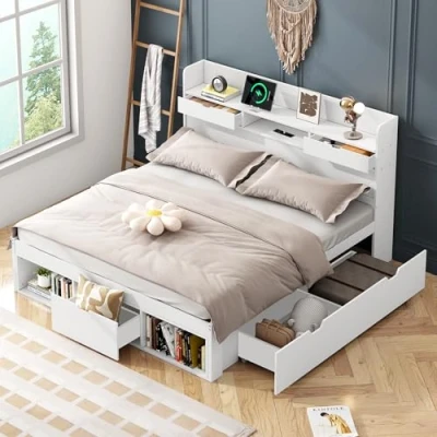 Image of Merax Stylish Double Bed, 4FT6 Bed Frame with USB Port, Drawers and Storage Cabinet, Multifunctional Storage, Wooden Frame, Children&#039;s Youth White, 135x190cm