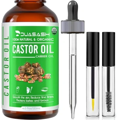 Image of Duasash Organic Castor Oil For Eyelashes and Eyebrows 120ml Cold Pressed Hair Growth Undiluted Hexane Free 100% Natural Pure Skin with Brushes Hair, Beard, Nails