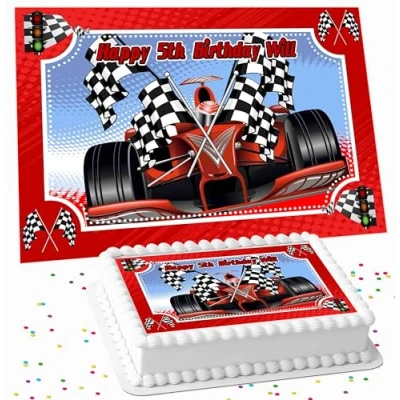 Image of RACING CAR RECTANGLE BIRTHDAY PERSONALISED ICING EDIBLE COSTCO CAKE TOPPER DECORATION R2 8834